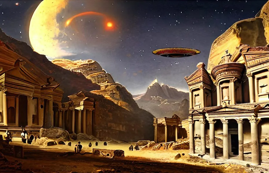 image of Petra Treasury in a Swiss valley at night with a large planet and a flying saucer in the sky