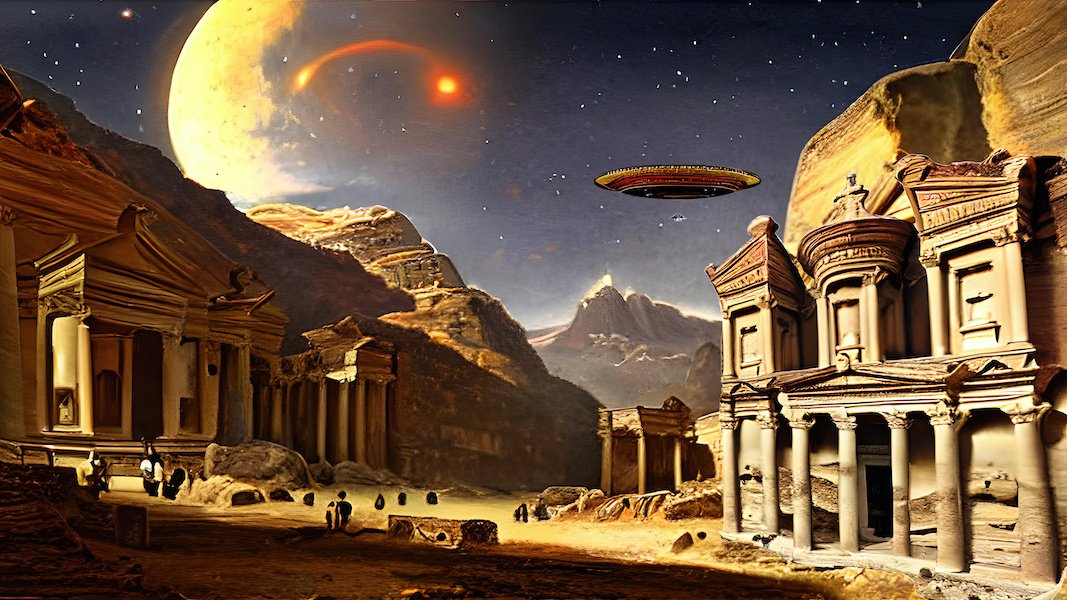 image of Petra Treasury in a Swiss valley at night with a large planet and a flying saucer in the sky